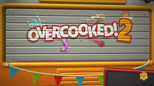 Overcooked 2 遊戲標題，帶有飛濺的食物和節日彩旗。 — 煮過頭 壁紙