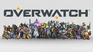 Overwatch 遊戲標誌，所有英雄角色排成一排。 — 電玩遊戲 GIF 壁紙