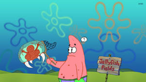 Patrick Star 在一個寫著 Jellyfish Fields 的標誌附近，拿著一個裝滿水母的網。 — 派大星 GIF 壁紙
