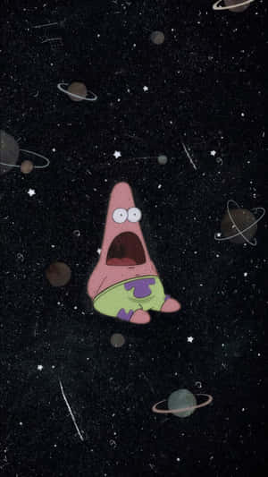 Patrick Star 在行星和星星之間漂浮在太空中，看起來很震驚。 — 派大星 GIF 壁紙
