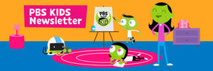 PBS Kids 角色在色彩繽紛的卡通房間裡玩耍和畫畫。