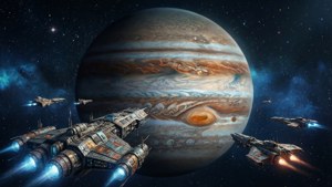 未來太空船在深空中靠近木星飛行