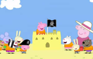 Peppa Pig 和朋友們打扮成海盜，靠近一個帶有骷髏旗的沙堡。 — 大笑 壁紙