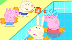 Peppa Pig 和朋友們在泳池中玩耍，水花四濺。 — 小寶貝 壁紙