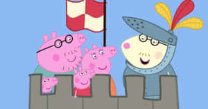 Peppa Pig 一家和一位騎士在城堡圍牆上微笑，手持紅白旗幟。 — 花園 壁紙