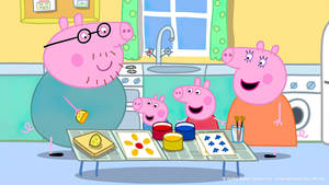 Peppa Pig 一家在色彩繽紛的廚房裡一起畫畫。 — 卡通 壁紙