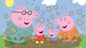 滿身泥濘的 Peppa Pig 一家在陽光明媚的日子裡在戶外玩耍。 — 可愛卡通 壁紙