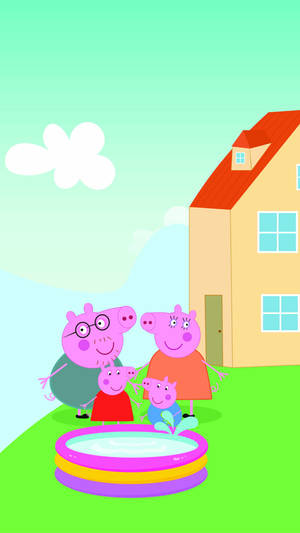 Peppa Pig 一家在房子前的充氣泳池玩耍