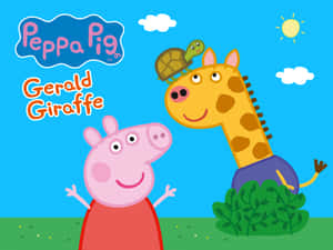 Peppa Pig 和 Gerald Giraffe 在晴朗的天空下微笑，他的頭頂有一隻烏龜。 — 長頸鹿 壁紙