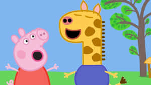 Peppa Pig 和一隻長頸鹿在陽光明媚的戶外場景中微笑。 — 長頸鹿 壁紙