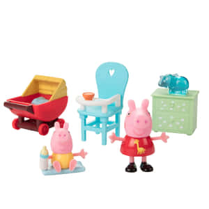 Peppa Pig 玩具套裝，包含嬰兒車、高腳椅、抽屜櫃和大象公仔。 — iPad Pro 13 壁紙