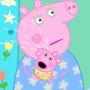 Peppa Pig 和她的母親在色彩繽紛的卡通場景中微笑，周圍有花朵。 — 小莫娜 壁紙