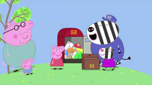 Peppa Pig 和家人看著斑馬郵差在戶外遞送郵件。 — 斑馬 壁紙