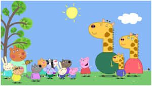 Peppa Pig 和朋友們與長頸鹿在晴朗的天空下。