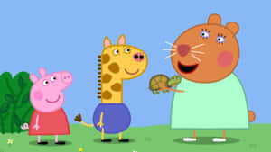 Peppa Pig 和朋友們與 Madame Gazelle 在陽光明媚的田野中抱著一隻烏龜。 — 長頸鹿 壁紙