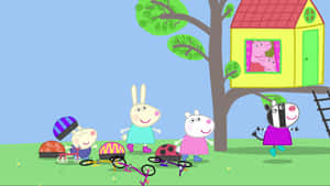 卡通兒童在樹屋附近騎腳踏車，裡面有 Peppa Pig 一家。 — 斑馬 壁紙