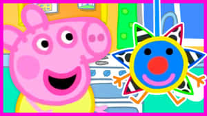 Peppa Pig 和一個微笑的小丑星星角色在色彩繽紛的卡通場景中。 — 寶寶 壁紙