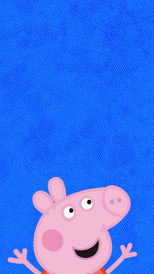 Peppa Pig 在藍色紋理背景上開心地揮手。
