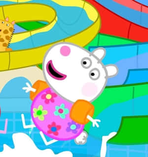 Peppa Pig 從充滿活力的水滑梯滑下，附近有長頸鹿朋友。 — 羊 壁紙
