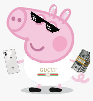Peppa Pig 戴著太陽眼鏡和Gucci襯衫，手持iPhone和現金。 — 榮耀Magic V Flip 2 壁紙