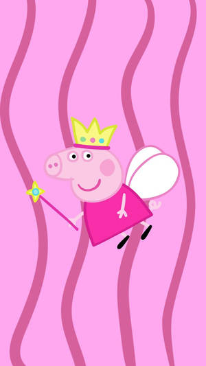 Peppa Pig 作為仙女公主，拿著魔法棒和翅膀，在粉紅色波浪背景上。
