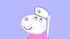 Peppa Pig 穿著護士服，戴著帽子和十字架，在紫色背景上微笑 — 羊 壁紙