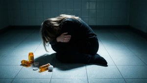 一個人在聚光燈下跪在瓷磚地板上，周圍是空的藥瓶。