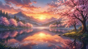 櫻花樹排列在平靜的湖邊，倒映著山脈上 vibrant 的夕陽。