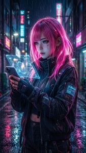 粉紅髮女孩在雨濕霓虹巷中使用全息手機。