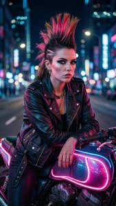 夜晚賽博龐克城市中，粉紅莫西乾頭龐克女性坐在霓虹摩托車上。