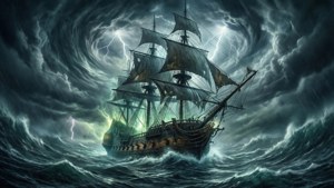 海盜船在海上與雷電和巨浪搏鬥的猛烈風暴場景。