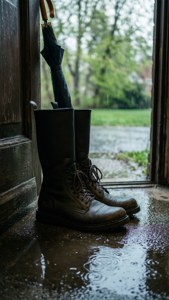 潮濕木門階上的棕色靴子和收起的雨傘。