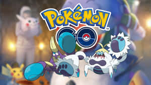 Pokémon GO 標誌，有三個新寶可夢角色和背景模糊的玩家。 — 電玩遊戲 GIF 壁紙
