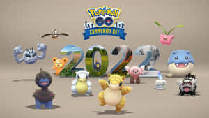 Pokémon GO Community Day 2022，多個寶可夢角色圍繞大型3D數字。 — 可愛寶可夢 壁紙