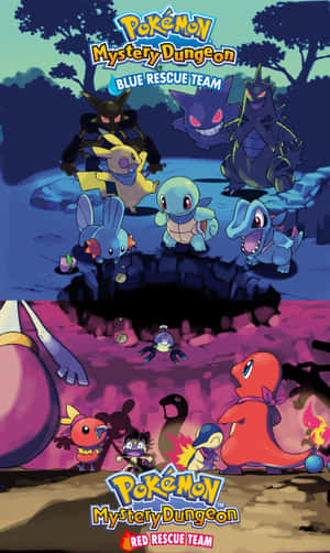 Pokémon Mystery Dungeon 團隊在洞穴入口，眼睛發光，團隊色彩鮮豔。 — Galaxy Tab A 壁紙