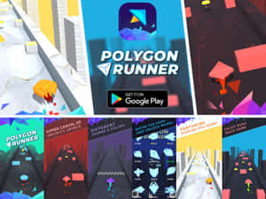 Polygon Runner 遊戲應用程式宣傳，展示色彩繽紛的 3D 幾何跑者穿梭於障礙賽道。 — 主機板 壁紙