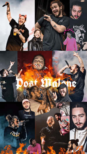 Post Malone 在拼貼畫中帶著火焰和刺青進行演唱會表演。 — 波斯特·马龙 壁紙