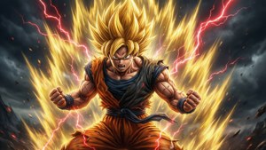 超級賽亞人戰士在暴風雨的戰鬥場景中釋放閃電能量。