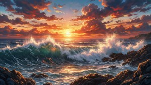 日落時分，海浪拍打岩石海岸