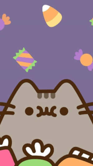 Pusheen 貓咪在紫色背景上從色彩繽紛的萬聖節糖果後面探出頭來。 — 可愛貓咪 壁紙