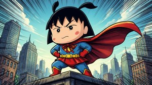 綁著雙馬尾、披著紅色斗篷的Q版超級英雄站在城市屋頂上。