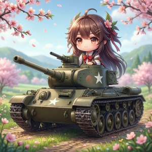 動漫女孩在櫻花田中騎乘軍用坦克。