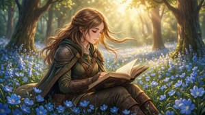 一位奇幻女戰士在充滿藍色花朵的陽光森林中閱讀一本書。