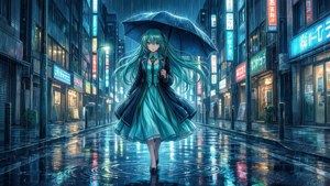 青綠色頭髮的動漫女孩在雨中霓虹燈閃爍的日本街道上撐傘。