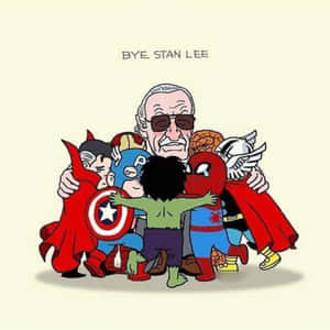 Q版超級英雄擁抱Stan Lee的致敬插圖。 — 漫威標誌 壁紙