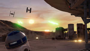 沙漠星球上的 R2-D2，TIE 戰鬥機在日落天空飛翔。 — 沙漠 壁紙