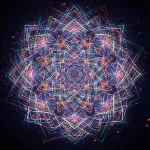 充滿活力的霓虹幾何曼陀羅在宇宙空間中發光，背景為星空。