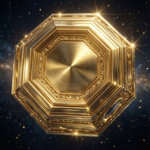 金色八角形框架漂浮在星空宇宙中，帶有發光高光。