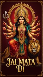 多臂女神杜爾迦手持武器坐在獅子上，帶有「Jai Mata Di」文字。