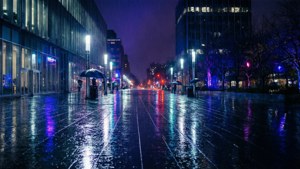 雨夜城市街道，閃爍的霓虹倒影和撐傘的行人。